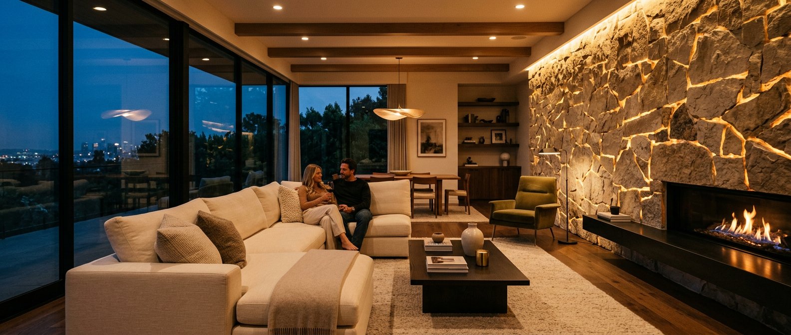 Ambient room with backlit faux stone wall